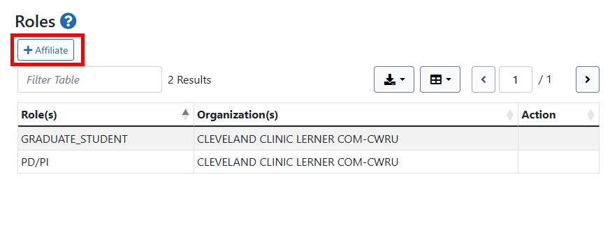 Screenshot cutout of the Roles section with the +Affiliate button highlighted